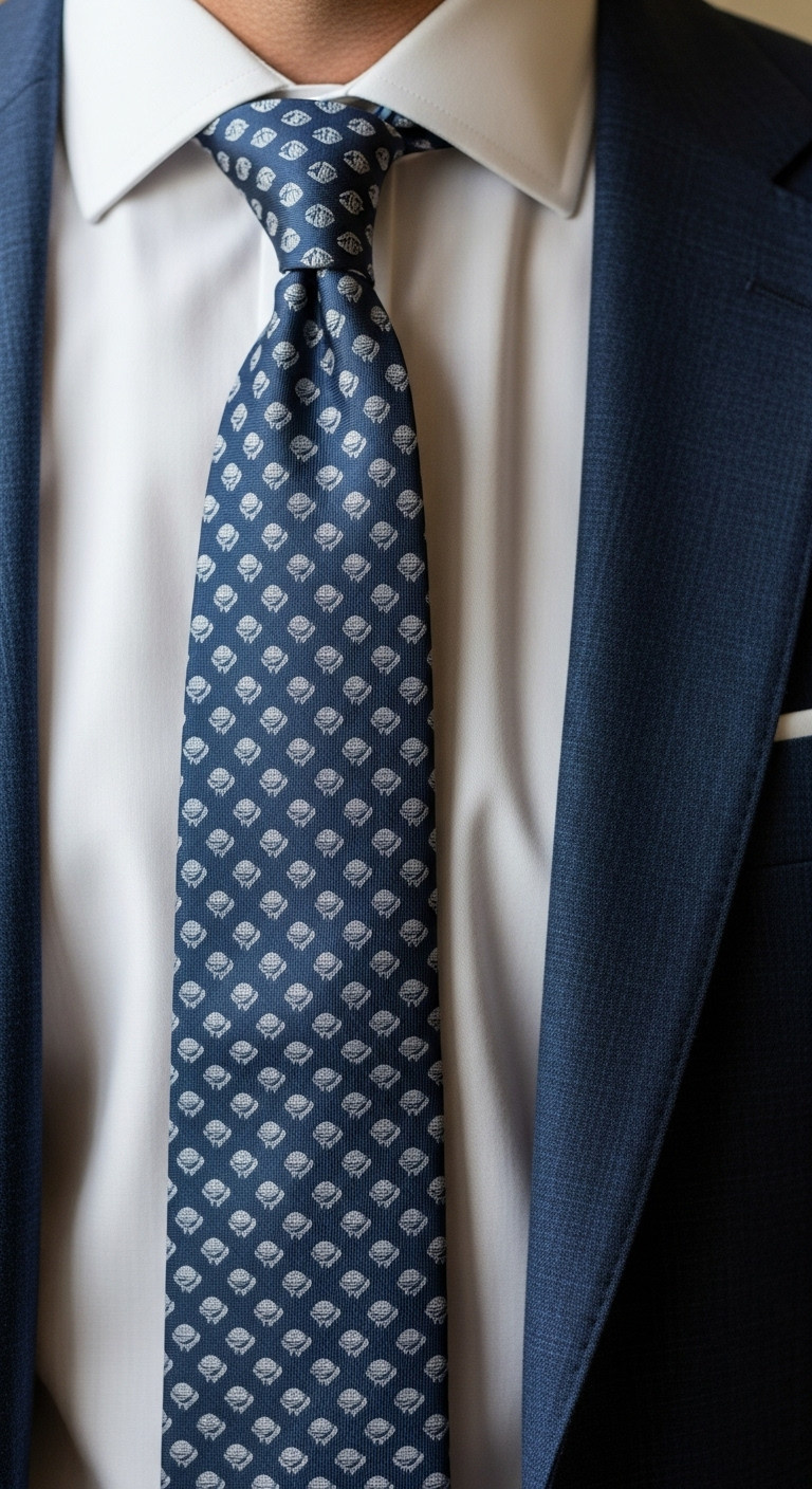 Dapper Golf Themed Silk Tie With Subtle Golf Club Pattern Paired With A White Dress Shirt And Navy Blazer