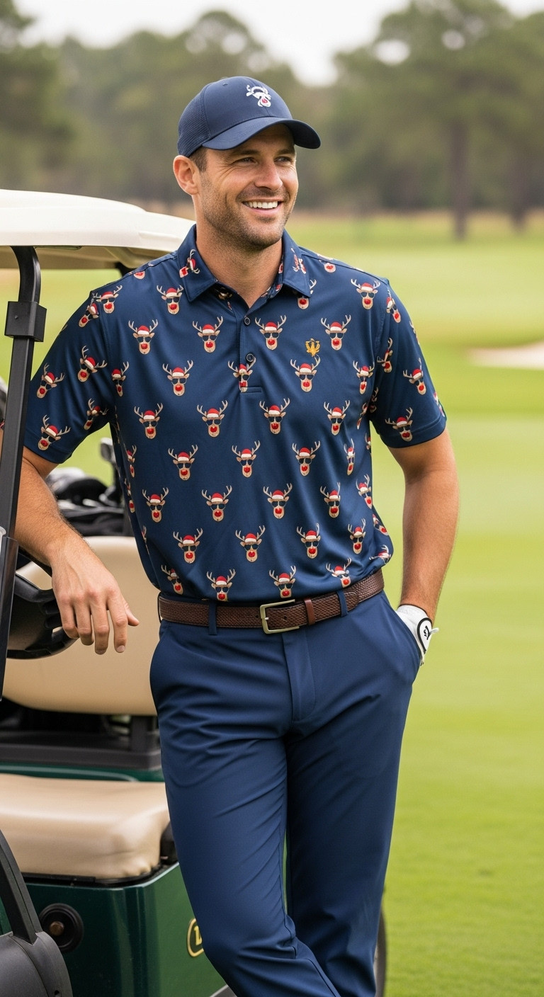 11 Funny Christmas Golf Shirts For Your Festive Fairway Style Dapper Reindeer Golf Polo Funny Christmas Shirt Stylish Male Golfer Festive Golf Attire Unique Holiday Fashion