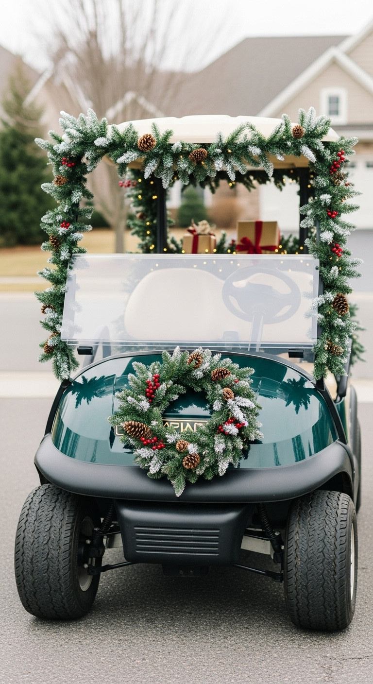 Decorate Your Golf Cart For Christmas With 7 Genius Ideas Dark Golf Cart Elegantly Decorated With Snow-Dusted Christmas Garland, Pinecones, Red Berries, And A Festive Wreath On A Driveway.