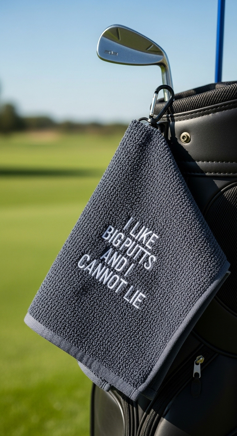 Dark Gray Microfiber Golf Towel With A Witty Pun Embroidered In White