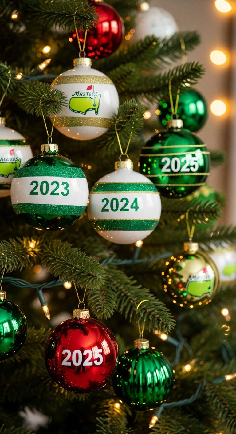 7 Brilliant Masters Golf Christmas Tree Decor Ideas Dated Masters Holiday Ornaments From Different Years Clustered On A Christmas Tree Branch With Warm Lights