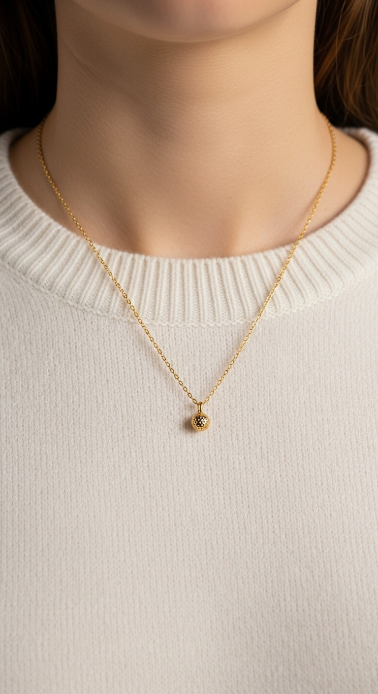 Delicate 14K Gold-Plated Necklace With Golf Ball Charm Resting Elegantly On A Woman'S Collarbone