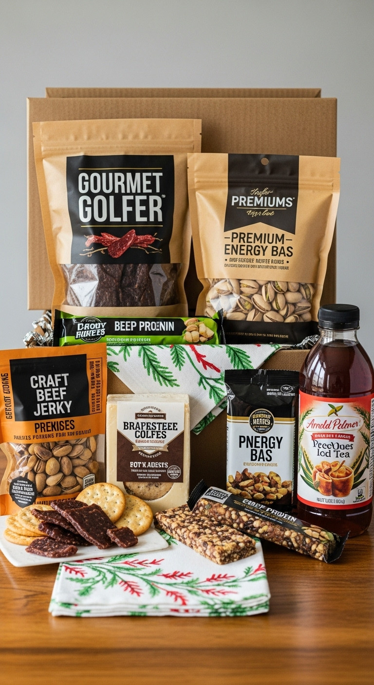 Delicious Gourmet Golfer Hamper With Craft Beef Jerky Artisanal Cheese Pistachios Energy Bars And Arnold Palmer Iced Tea For Christmas