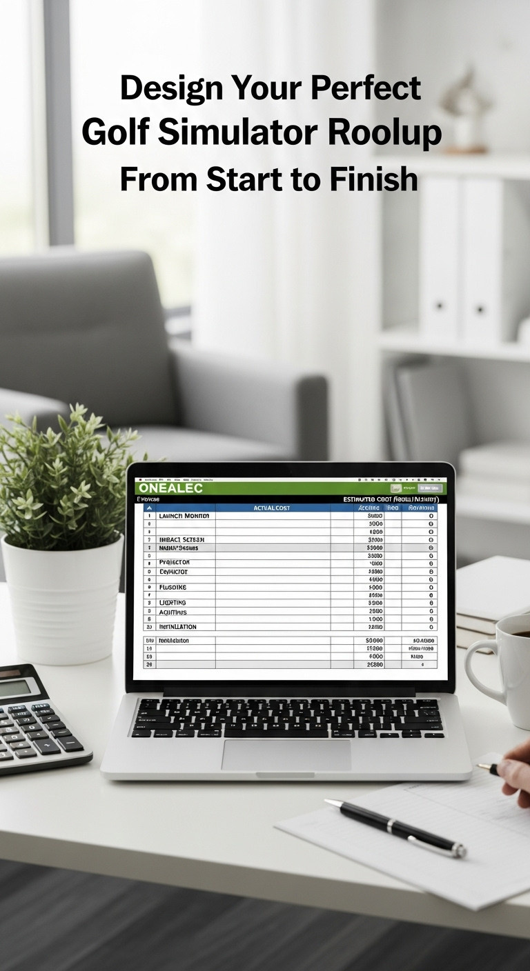 Design Your Perfect Golf Simulator Room Setup From Start To Finish Detailed Golf Simulator Budget Spreadsheet On A Laptop, Showing Costs For Launch Monitor, Screen, Projector, And Installation. Financial Planning.