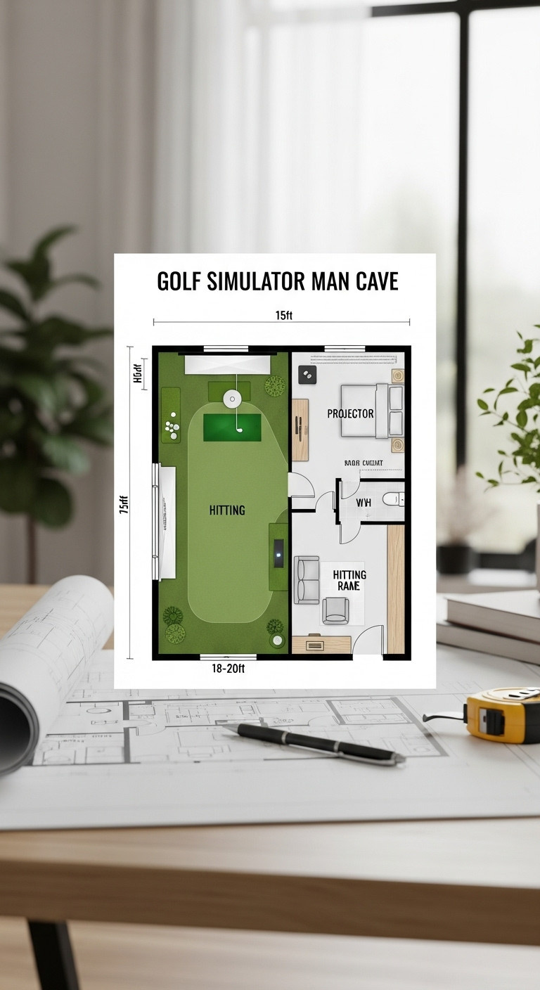 Create Your Perfect Golf Simulator Man Cave Expert Design Build Detailed Golf Simulator Man Cave Floor Plan On A Wooden Desk. Shows Optimal Dimensions, Hitting Area, Screen, Projector, And Lounge Zones For Home Design.