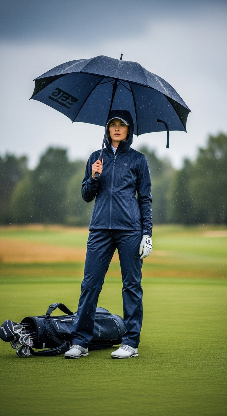 Determined Female Golfer In A Deep Navy Waterproof Golf Rain Jacket With Hood Up, Holding An Umbrella On A Wet Course. Wind And Rain Defense.