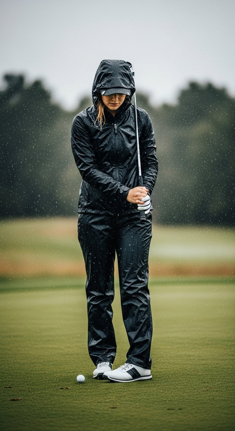 Determined Woman Golfer In Black Waterproof Rain Jacket &Amp; Pants, Water Beading, With Umbrella On Misty Course.
