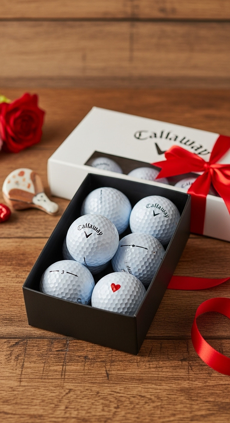 Dozen Pristine Callaway Golf Balls With One Featuring A Red Heart Logo Arranged In An Open Box With A Red Ribbon On A Rustic Wooden Table