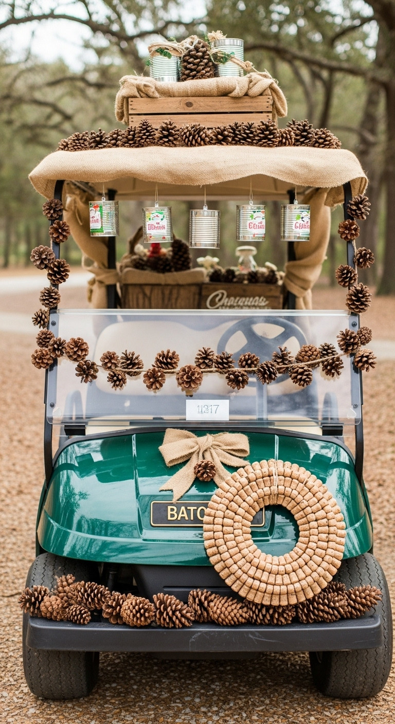 13 Stunning Golf Cart Decorating Ideas For Christmas Parades Eco Friendly Upcycled Christmas Golf Cart With Pinecones Burlap Tin Can Ornaments And Wine Cork Wreath In A Park