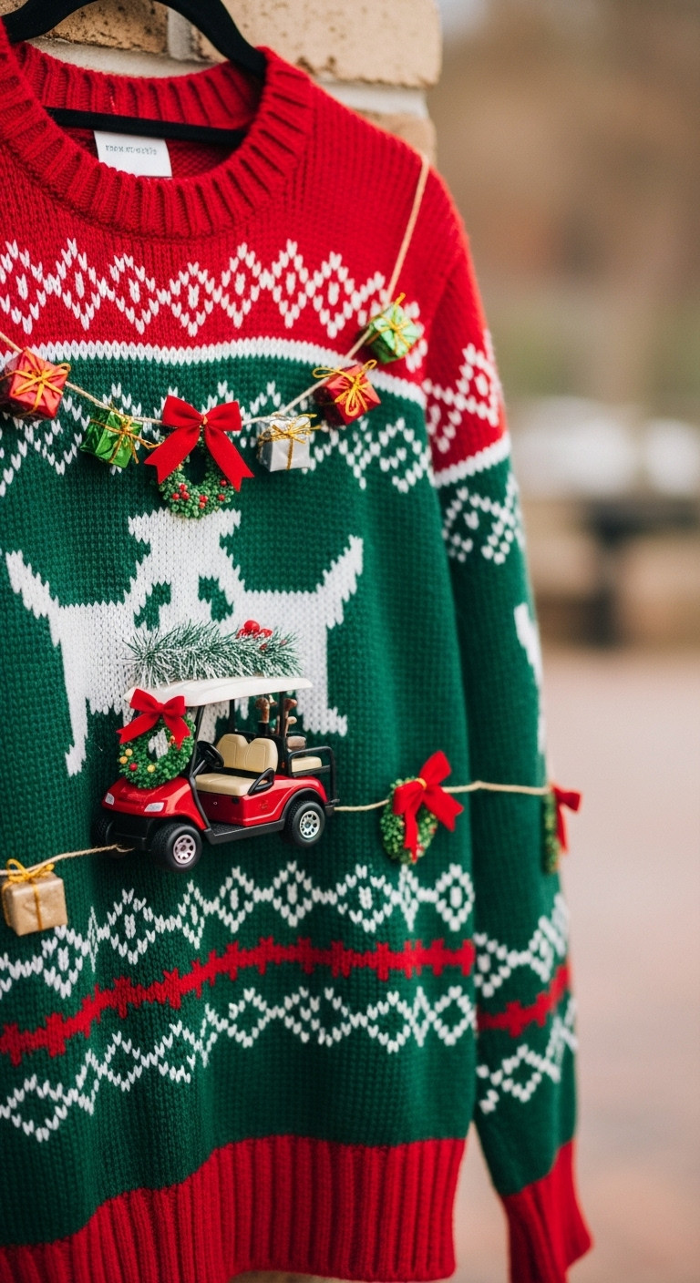 Elaborate 3D Ugly Christmas Sweater Featuring A Toy Golf Cart Decorated With Wreaths And Bows