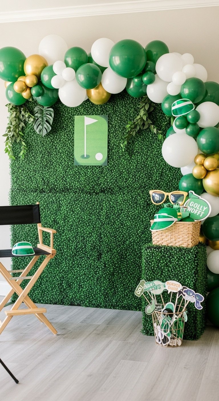 Elaborate Golf Themed Photo Booth With Artificial Grass Wall Balloon Garland And Fun Props
