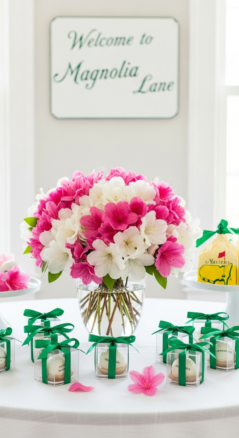 Elegant Masters Golf Party Favor Table With Azalea Bouquet Chocolate Golf Balls And Magnolia Lane Sign