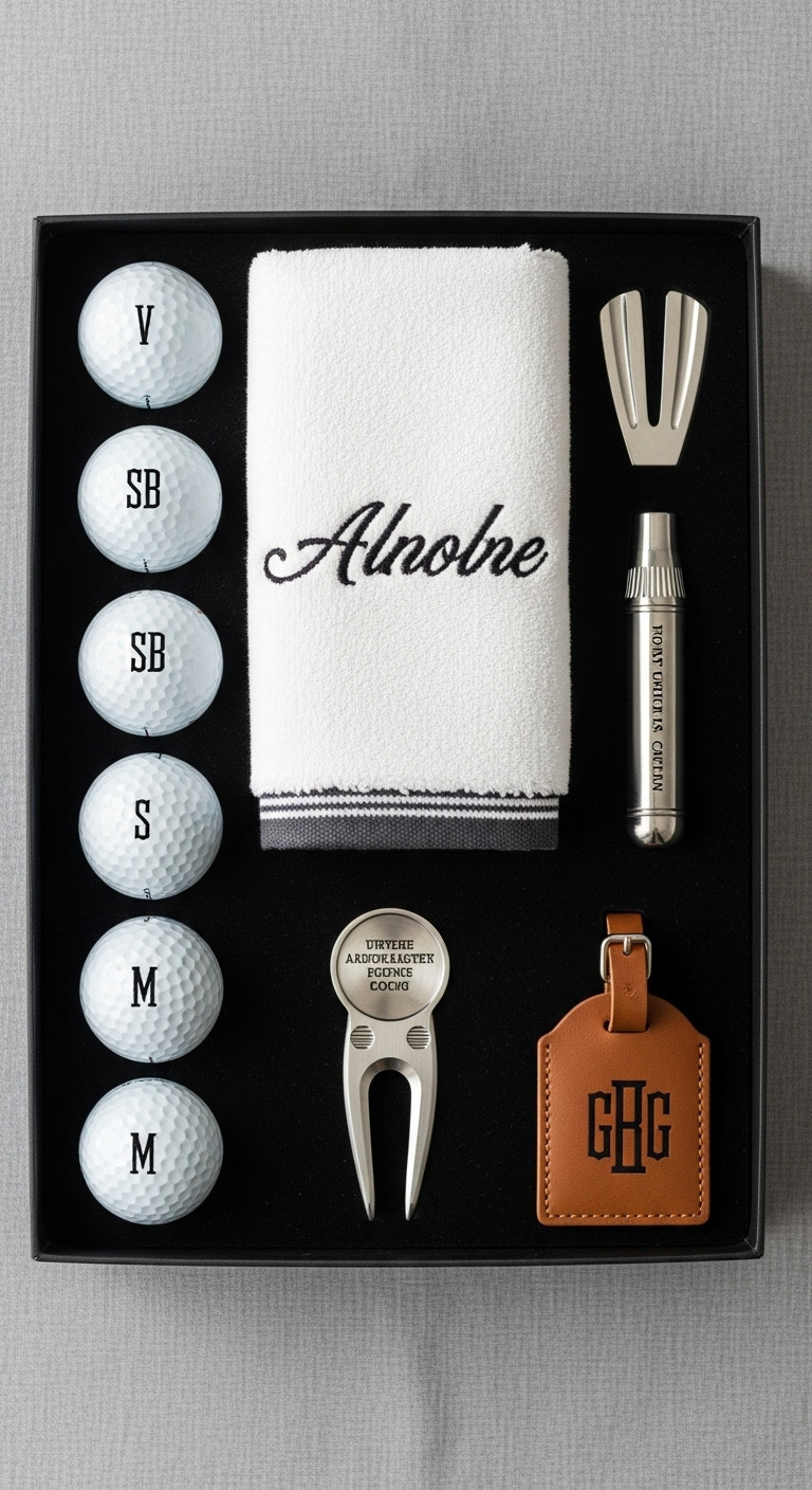 Elegant Personalized Monogrammed Golf Gift Set With Custom Balls Embroidered Towel Engraved Divot Tool And Leather Tag For Christmas