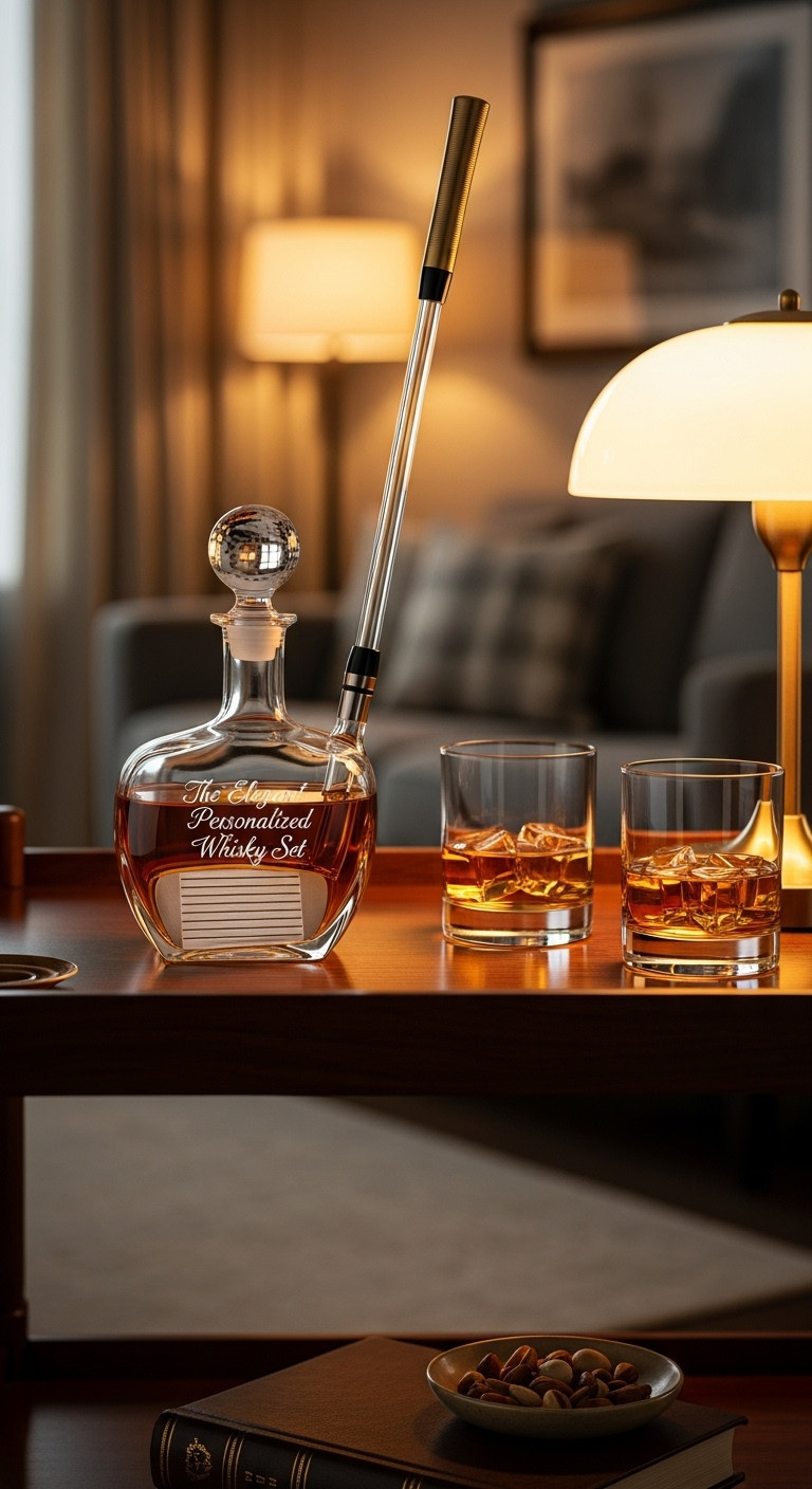 Elegant Personalized Whiskey Decanter Set Shaped Like A Golf Club With Matching Glasses On A Bar Cart In A Sophisticated Living Room