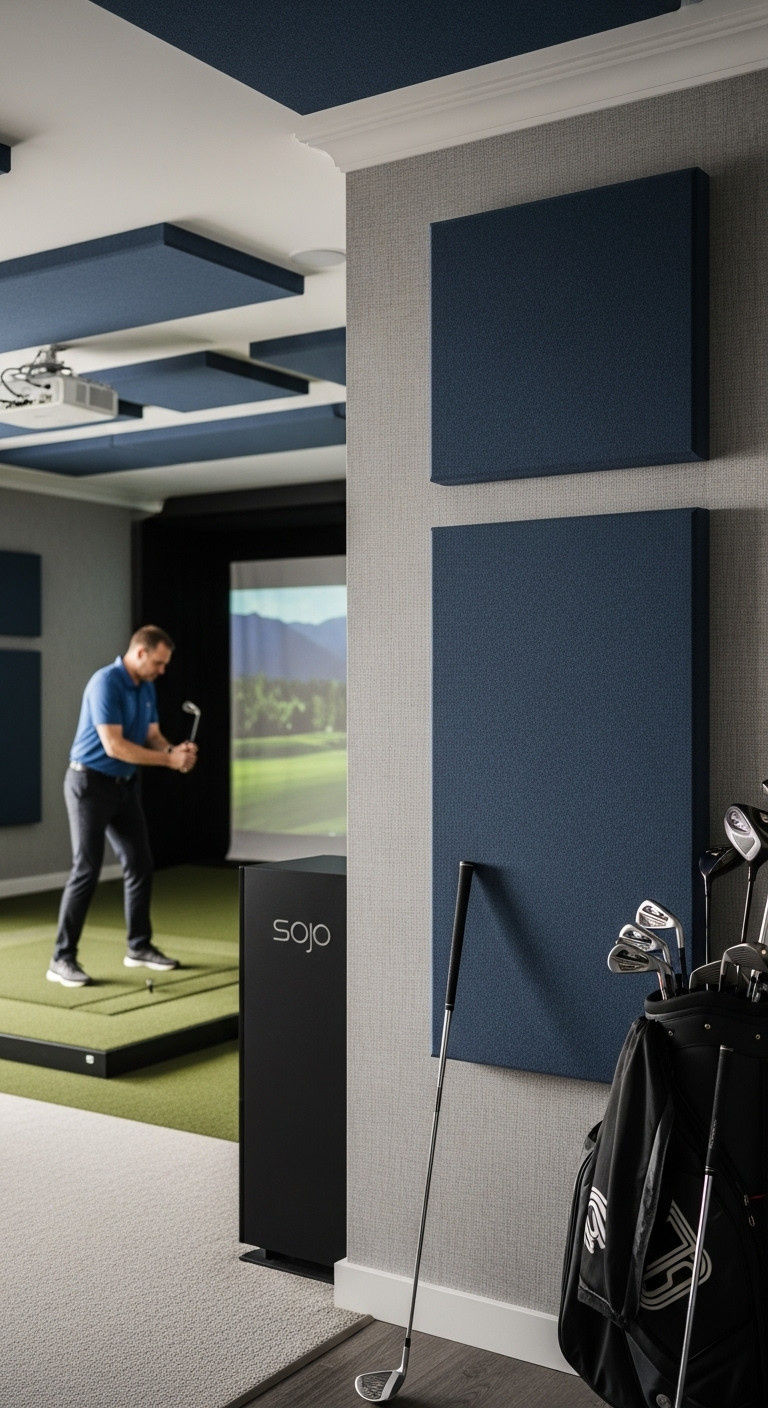 Create Your Perfect Golf Simulator Man Cave Expert Design Build Elegant Acoustic Panels Seamlessly Integrated Into A Modern Golf Simulator Room, Enhancing Sound Quality And Sophisticated Design.