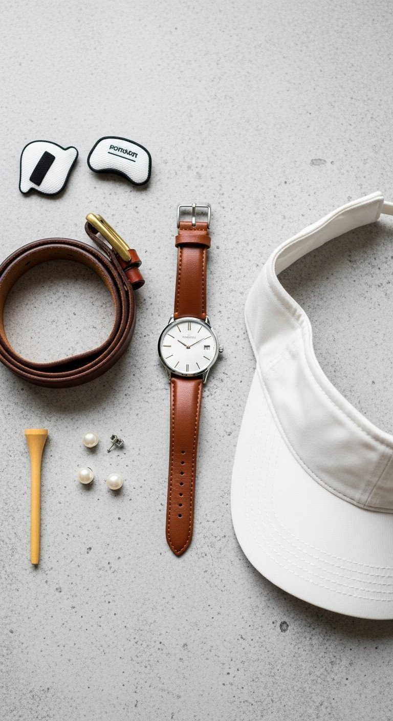 Elegant Old Money Golf Outfits For A Timeless Style Elegant Flat Lay Of Old Money Golf Accessories: Brown Leather Belt, White Visor, Silver Watch, Pearl Earrings, And A Wooden Tee On Stone.