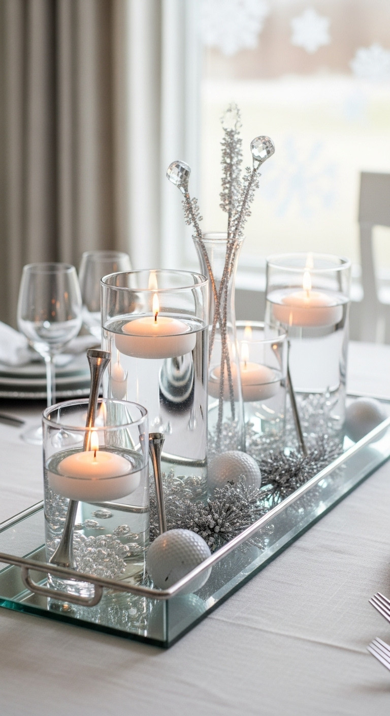 Elegant Frosty Christmas Table Centerpiece With Mirrored Tray Glass Vases Silver Golf Balls And Crystal Tees