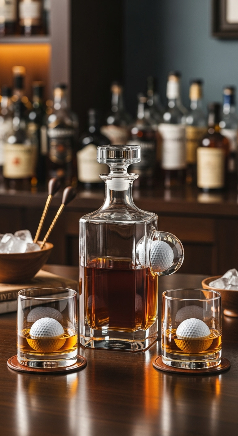 Elegant Golf Ball Whiskey Decanter Set With Matching Tumblers On A Dark Wood Bar