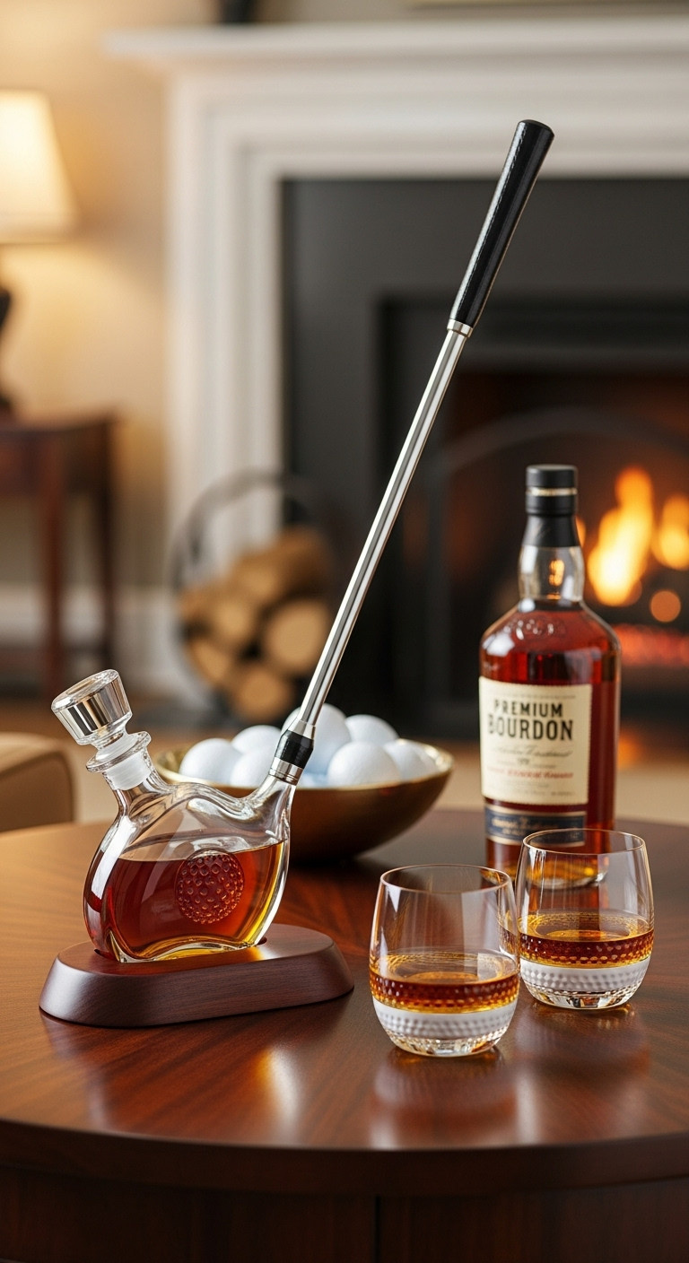 Elegant Golf Club Shaped Whiskey Decanter Set With Matching Glasses On A Mahogany Base In A Home Bar Setting