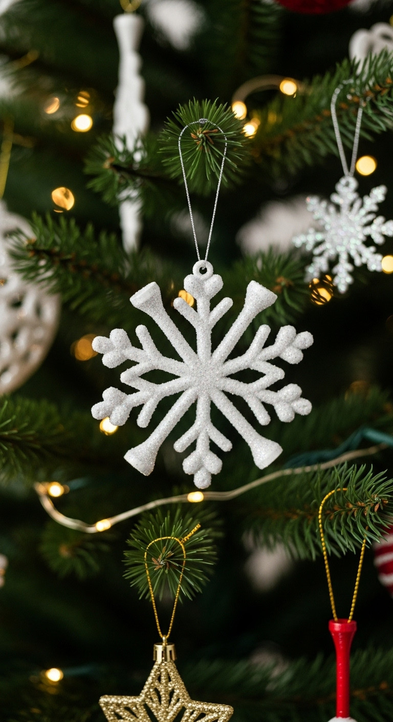 Elegant Golf Tee Snowflake Ornament Sparkling With Glitter Hanging From A Christmas Tree Branch With Blurred Lights