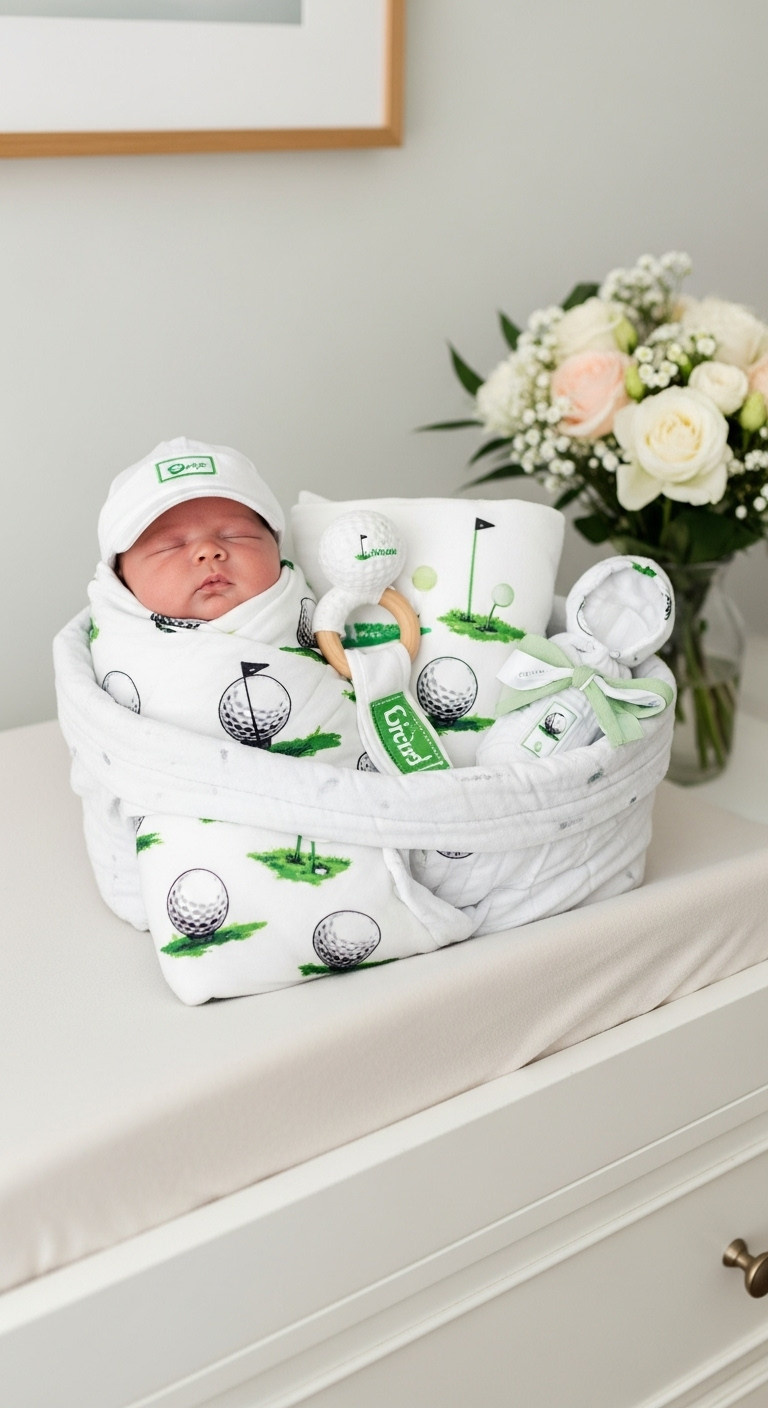 Elegant Golf-Themed Baby Gift Set In A Basket With A Golf Ball Swaddle And Plush Rattle In A Nursery Setting