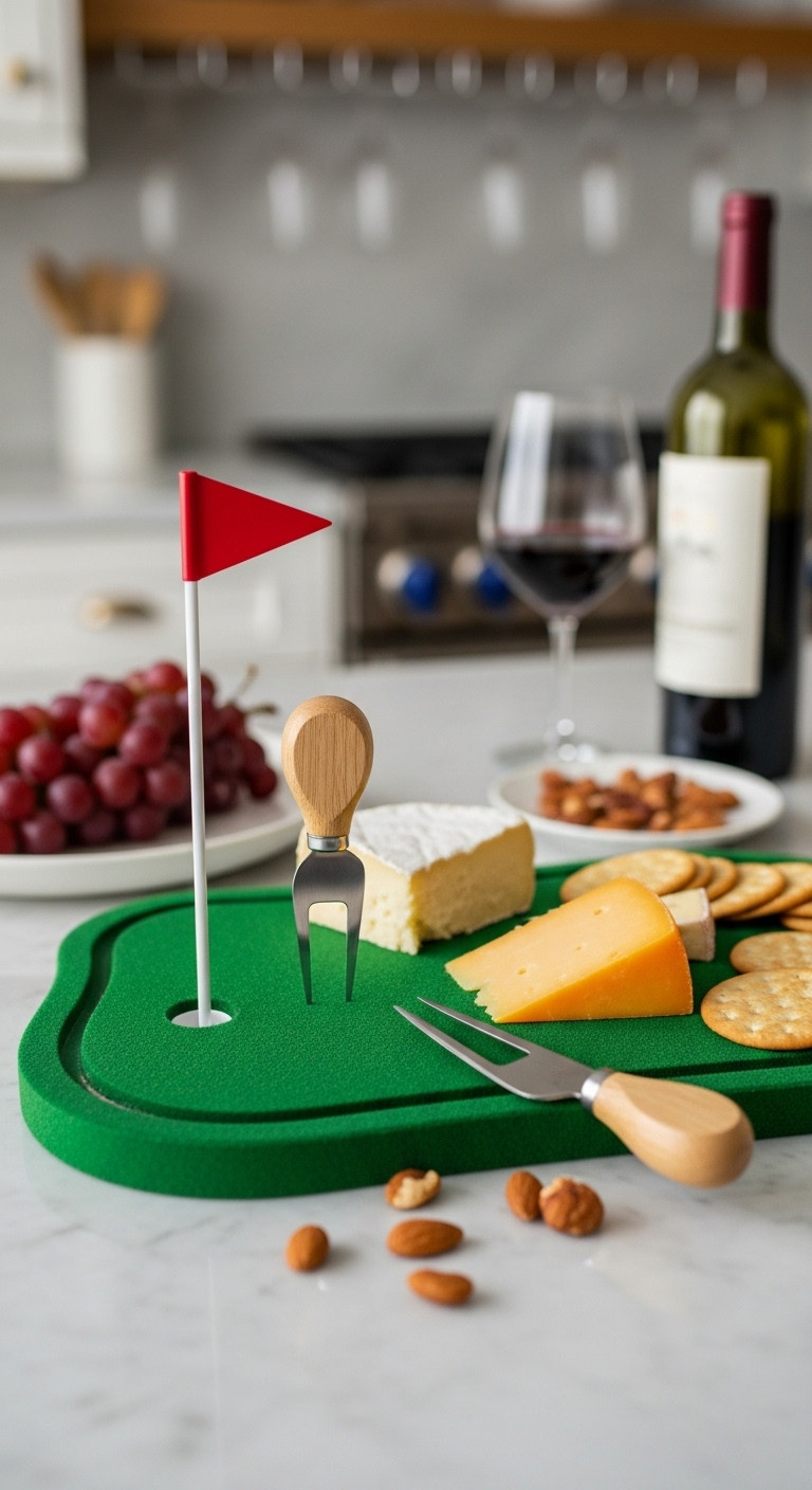 Elegant Golf-Themed Cheese Board Shaped Like A Putting Green With Cheese, Crackers, And Wine