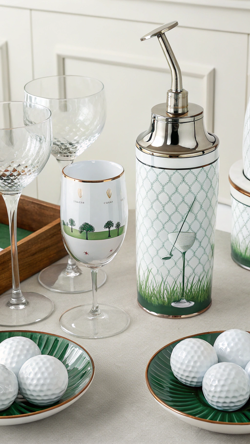 Elegant Golf Themed Crystal Whiskey Decanter With Embedded Golf Ball And Two Matching Glasses On A Dark Wood Bar