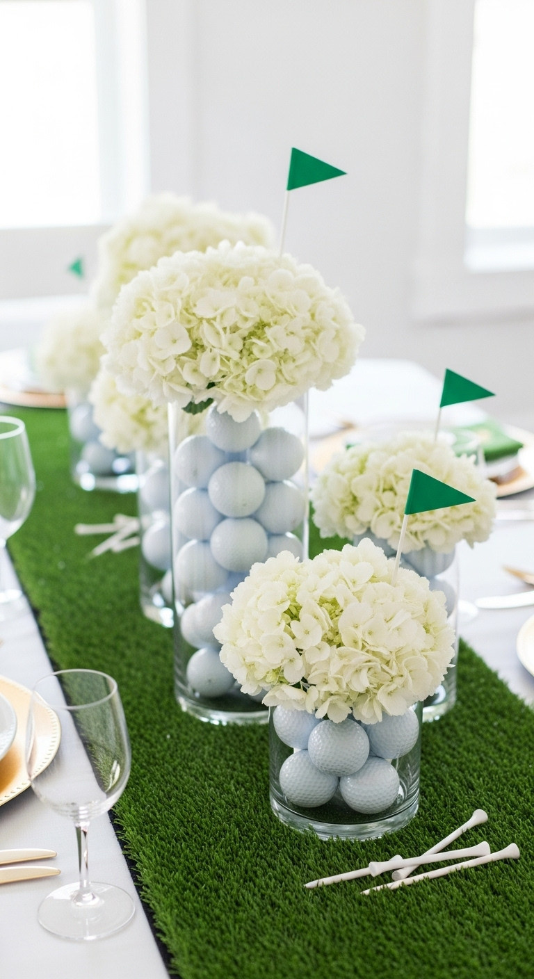 Elegant Golf Themed Tablescape With Turf Runner Golf Ball Vases White Hydrangeas And Gold Flatware
