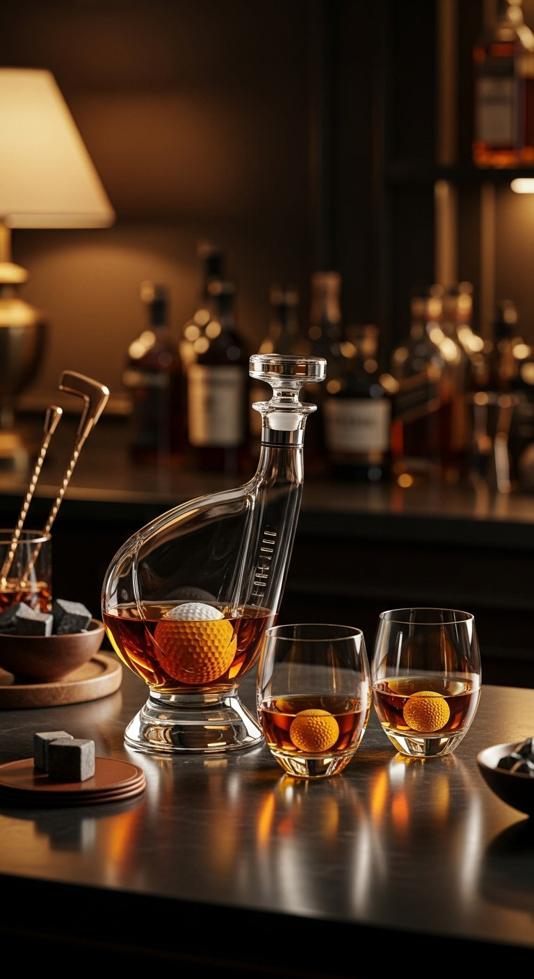 Elegant Golf Themed Whiskey Decanter Set With Golf Ball Glasses On A Dark Wood Bar With Whiskey Stones