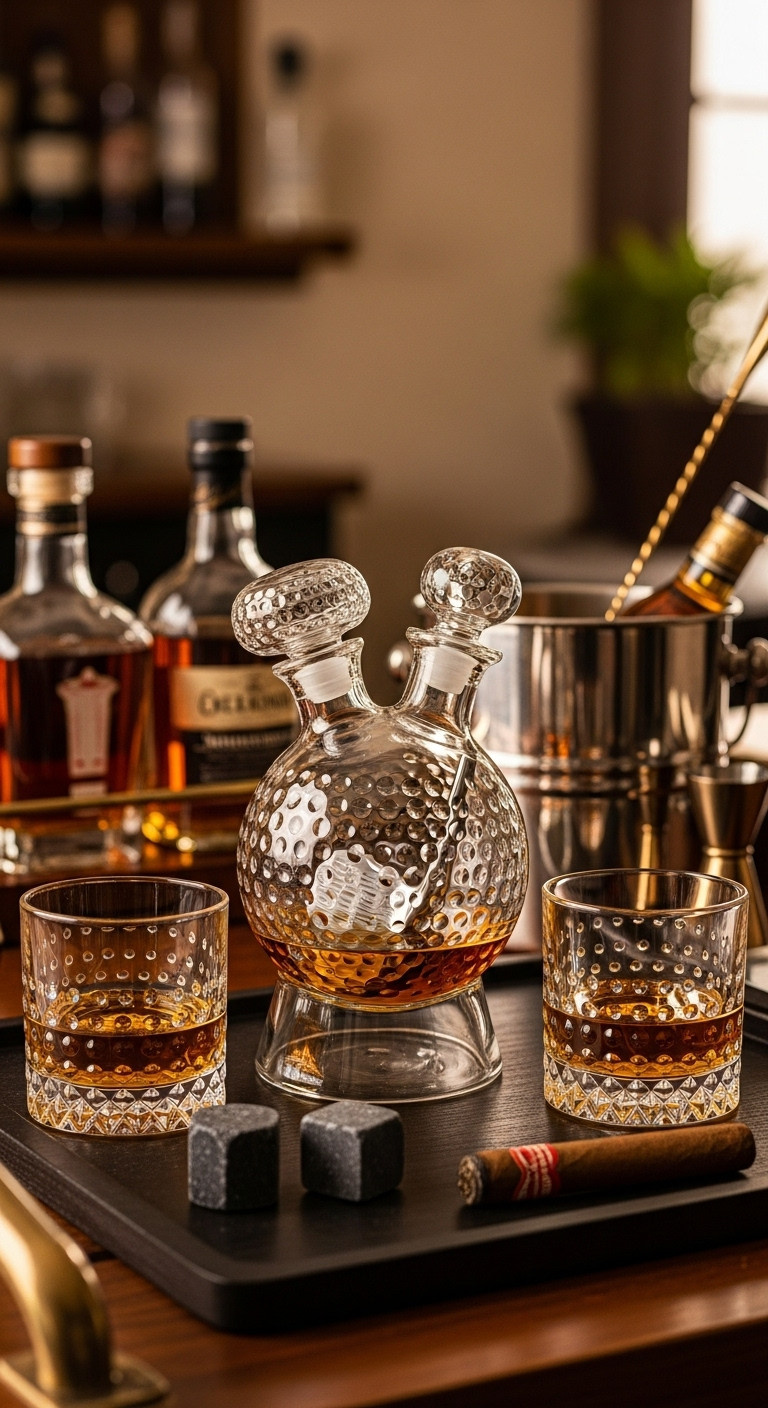 Elegant Golf Themed Whiskey Decanter Set With Two Dimpled Glasses On A Dark Wood Bar Cart With Blurred Bottles And Ice