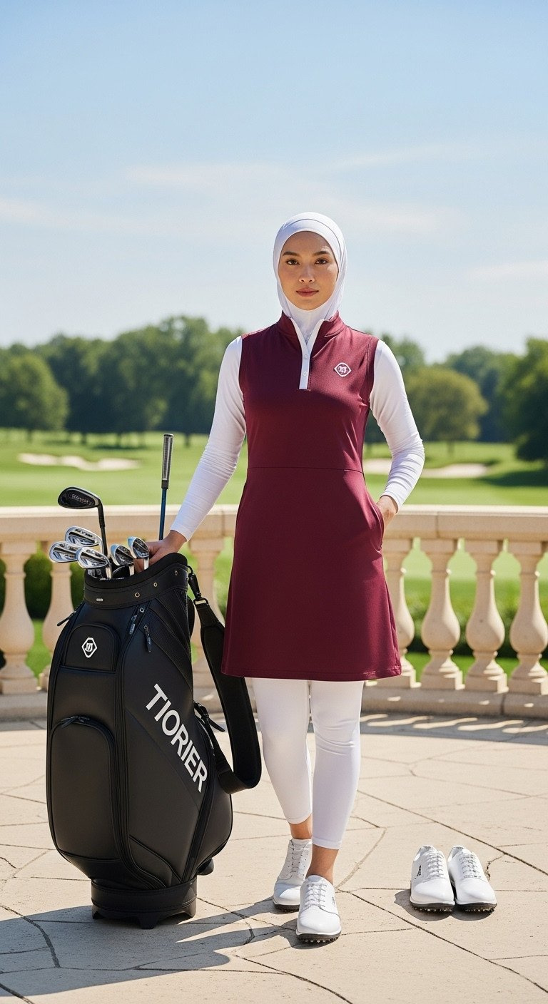 11 Inspiring Hijab Golf Outfits For Flawless Comfort And Style Elegant Hijabi Golfer In Burgundy Golf Dress, White Hijab, Posing By A Golf Bag On A Sunny Clubhouse Patio.