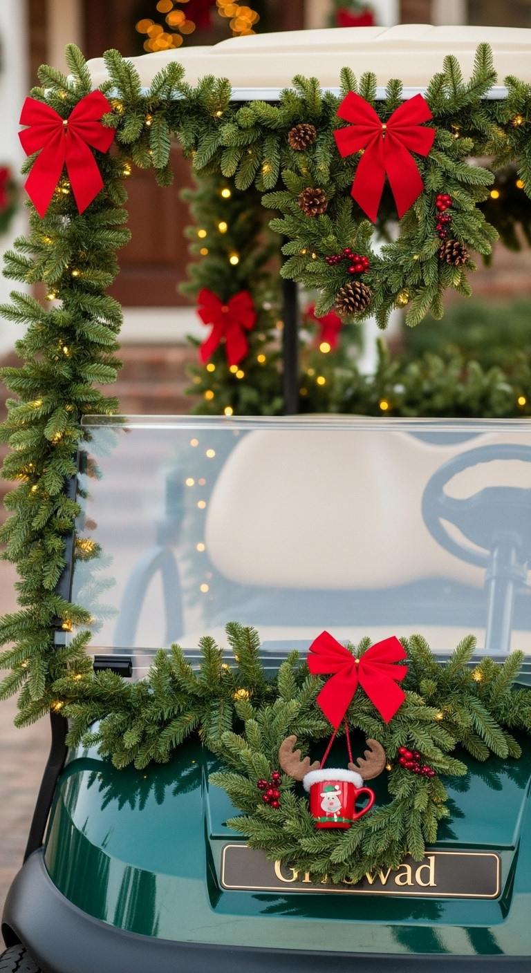Elegant Pre-Lit Christmas Garland, Vibrant Red Bows, And A Small Festive Wreath Adorning A Golf Cart, Creating A Cozy Holiday Display.