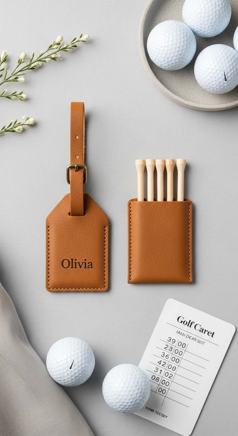 Elegant Vegan Leather Golf Bag Tag Personalized With Name 'Olivia' And Matching Tee Holder With Wooden Tees On A Linen Surface