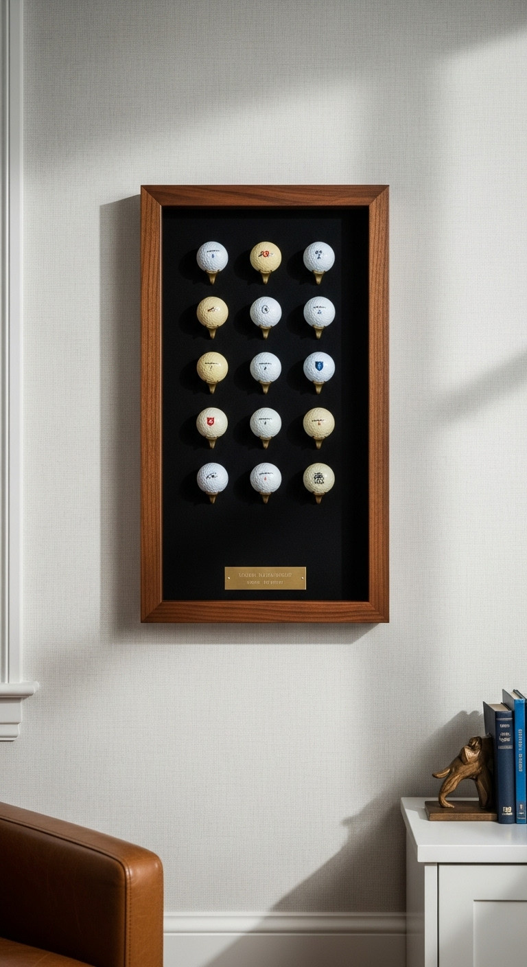 Elegant Wall-Mounted Custom Golf Ball Display Frame In A Home Office With Engraved Brass Plate