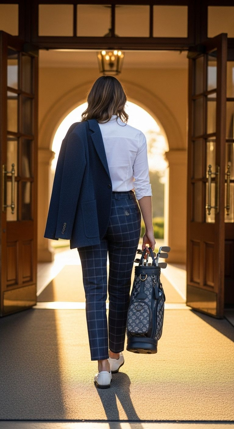 11 Genius Golf Outfits For Women To Stay Warm And Stylish Elegant Woman In Navy Plaid Trousers, White Shirt, With Blazer, Walking Into A Luxurious Golf Clubhouse At Golden Hour.