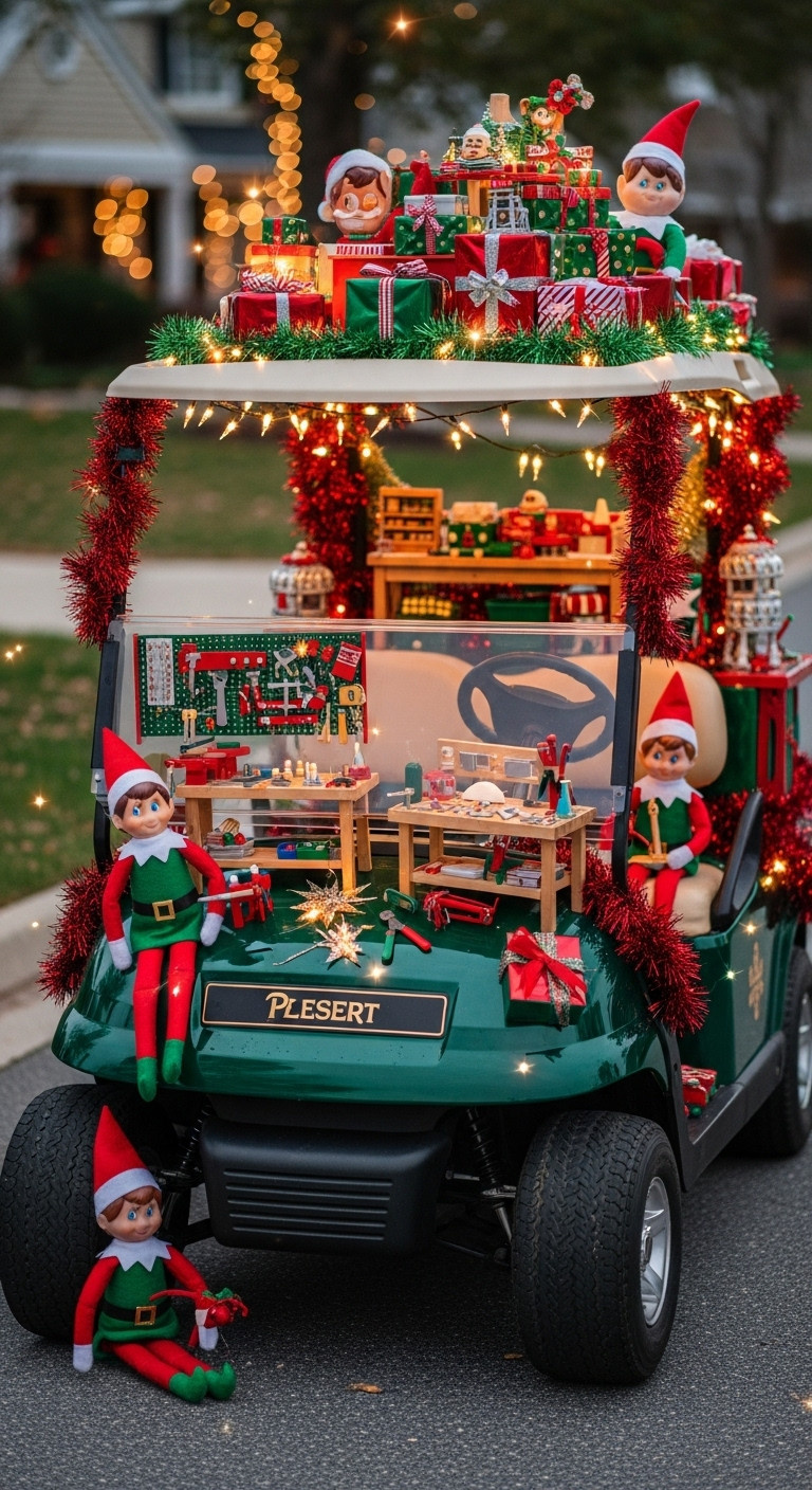 Elf Workshop On Wheels Golf Cart Transformed Into Santa'S Workshop With Presents Workbenches Miniature Tools And Elf Dolls