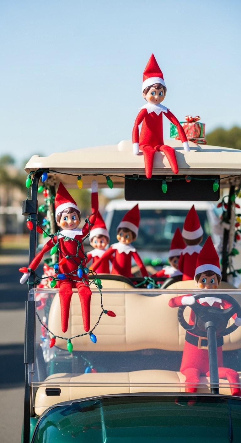 13 Stunning Golf Cart Decorating Ideas For Christmas Parades Elf On The Shelf Mischief Golf Cart With Elves In Playful Poses Tangled In Lights And Peeking Over The Roof