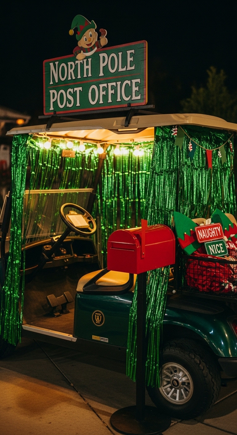 Elf'S Express Mail And Photo Booth Golf Cart With North Pole Post Office Sign Red Mailbox And Props For Photos