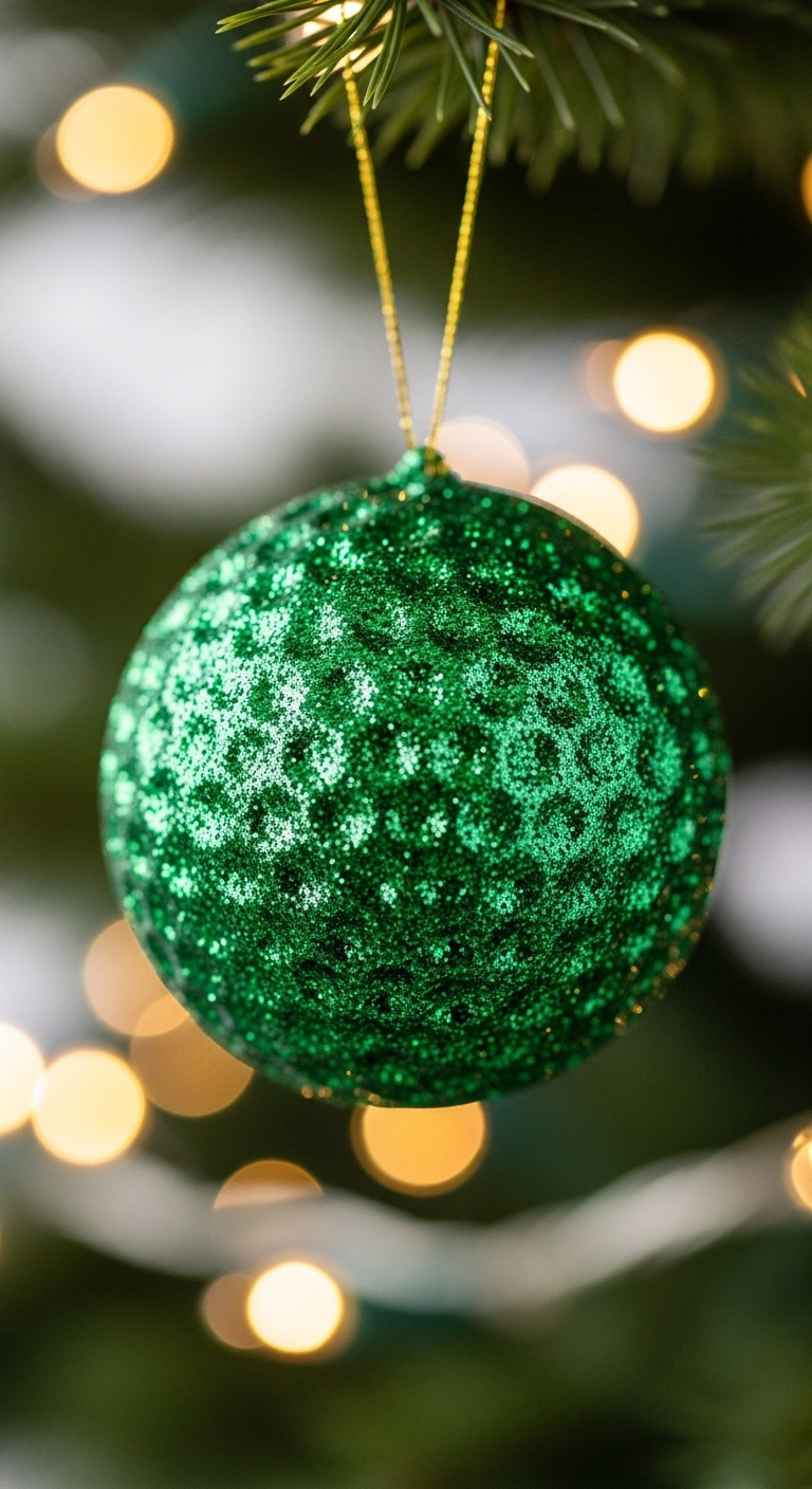 Emerald Green Glitter-Covered Golf Ball Ornament Hanging On A Christmas Tree Branch With Bokeh Lights