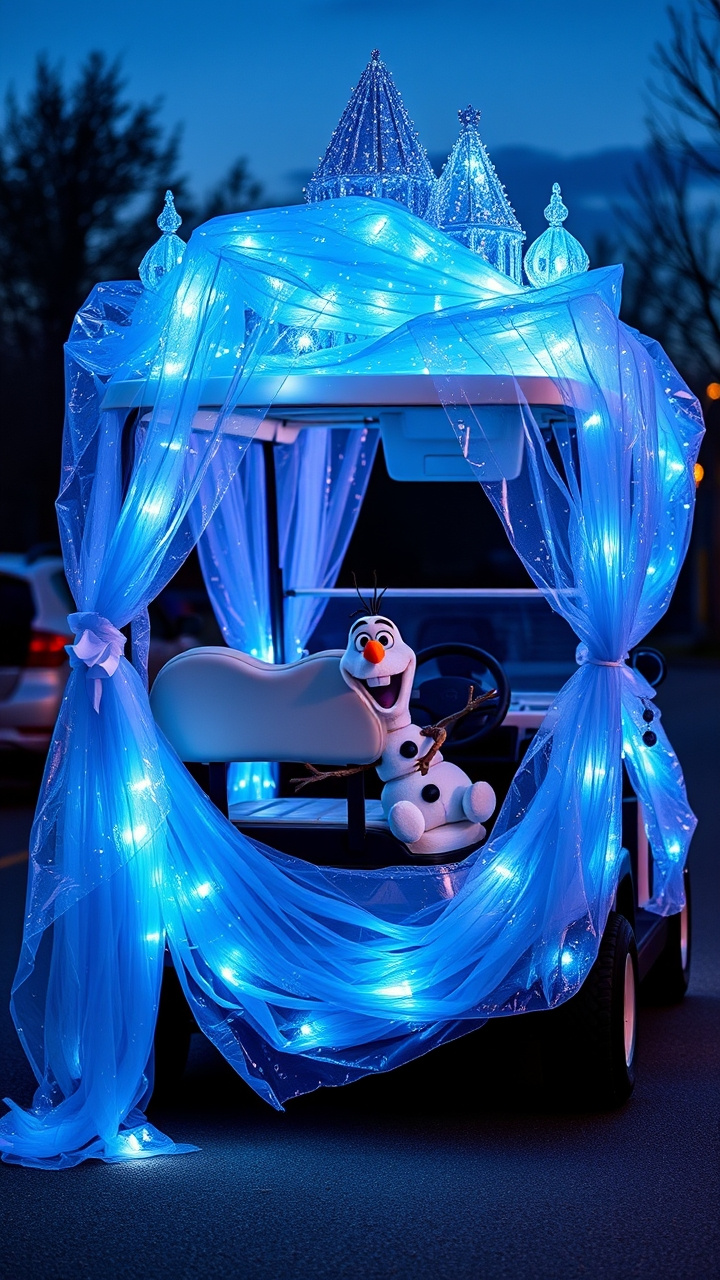 13 Stunning Golf Cart Decorating Ideas For Christmas Parades Enchanted Frozen Kingdom Golf Cart Transformed Into An Ice Palace With Iridescent Cellophane Blue Fabrics Lights And Olaf