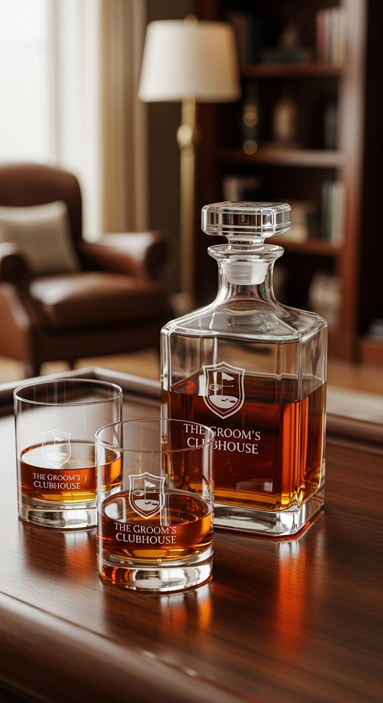 Engraved &Quot;The Groom'S Clubhouse&Quot; Whiskey Decanter Set With Tumblers On A Mahogany Bar