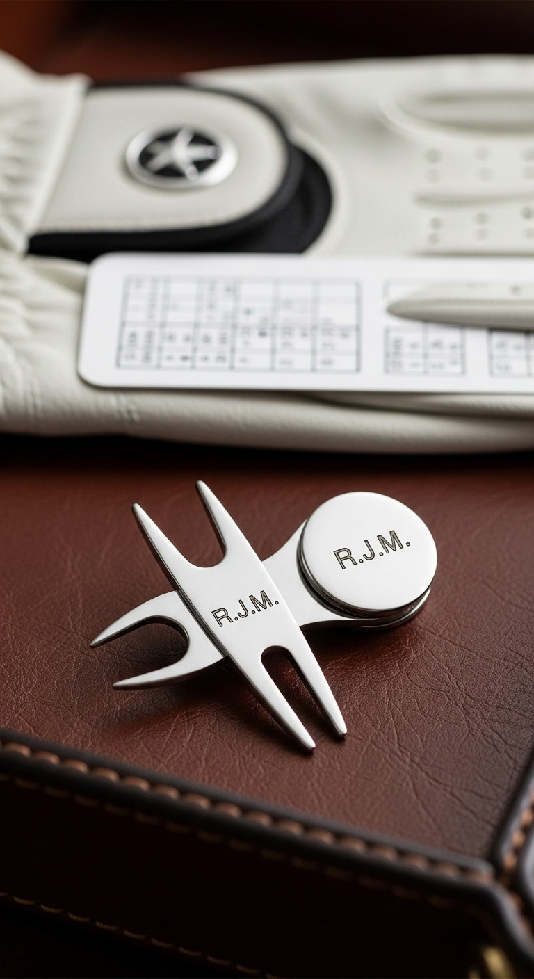 Engraved Divot Tool And Ball Marker Set With Initials On Leather For Christmas Golf Gift