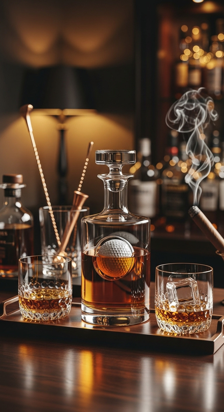 Engraved Golf Decanter Set With Embedded Golf Ball On A Mahogany Bar Top With Whiskey Glasses And Blurred Liquor Bottles