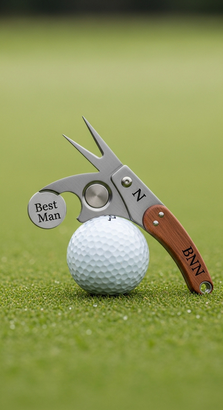 Engraved Gunmetal Divot Tool With &Quot;Best Man&Quot; Ball Marker On A Golf Ball With Putter