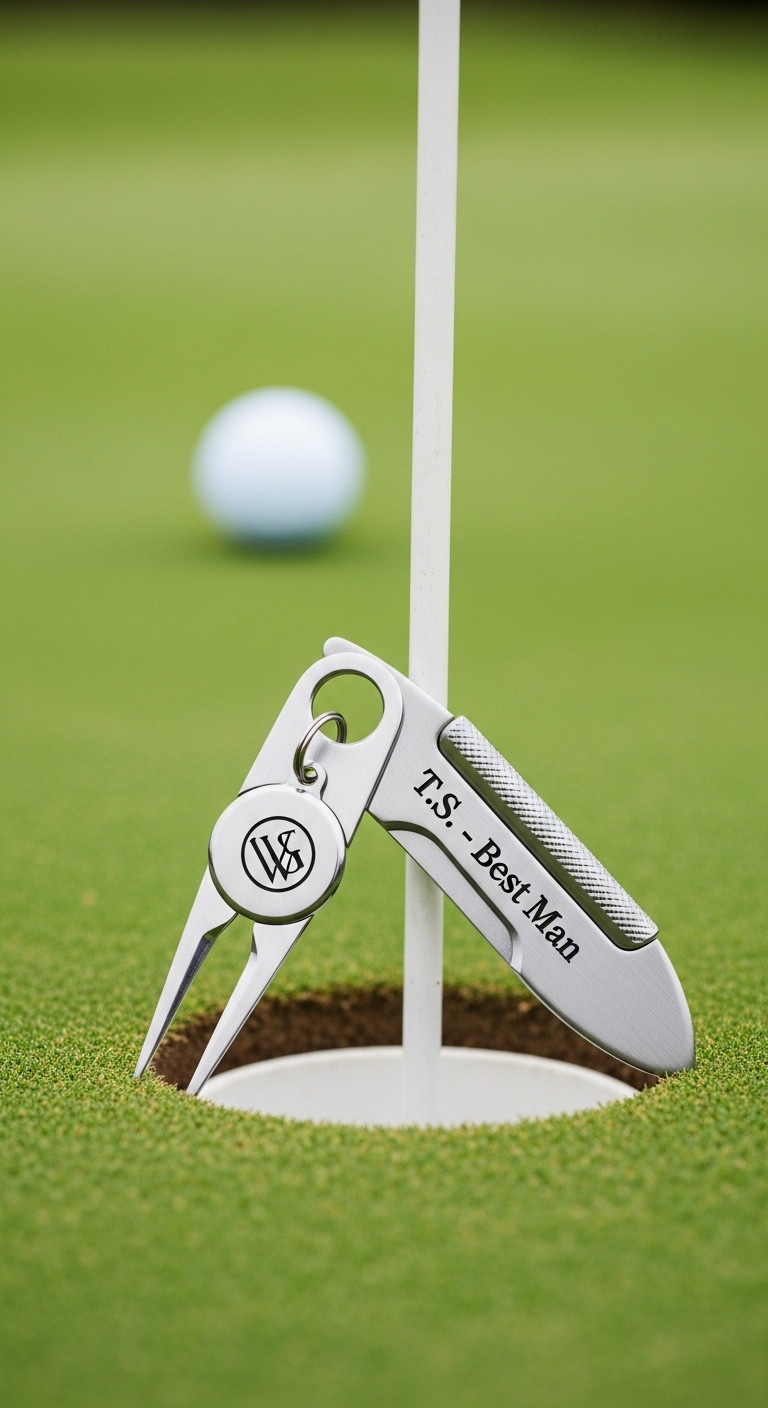 Engraved Gunmetal Divot Tool With Custom Logo Ball Marker On Putting Green