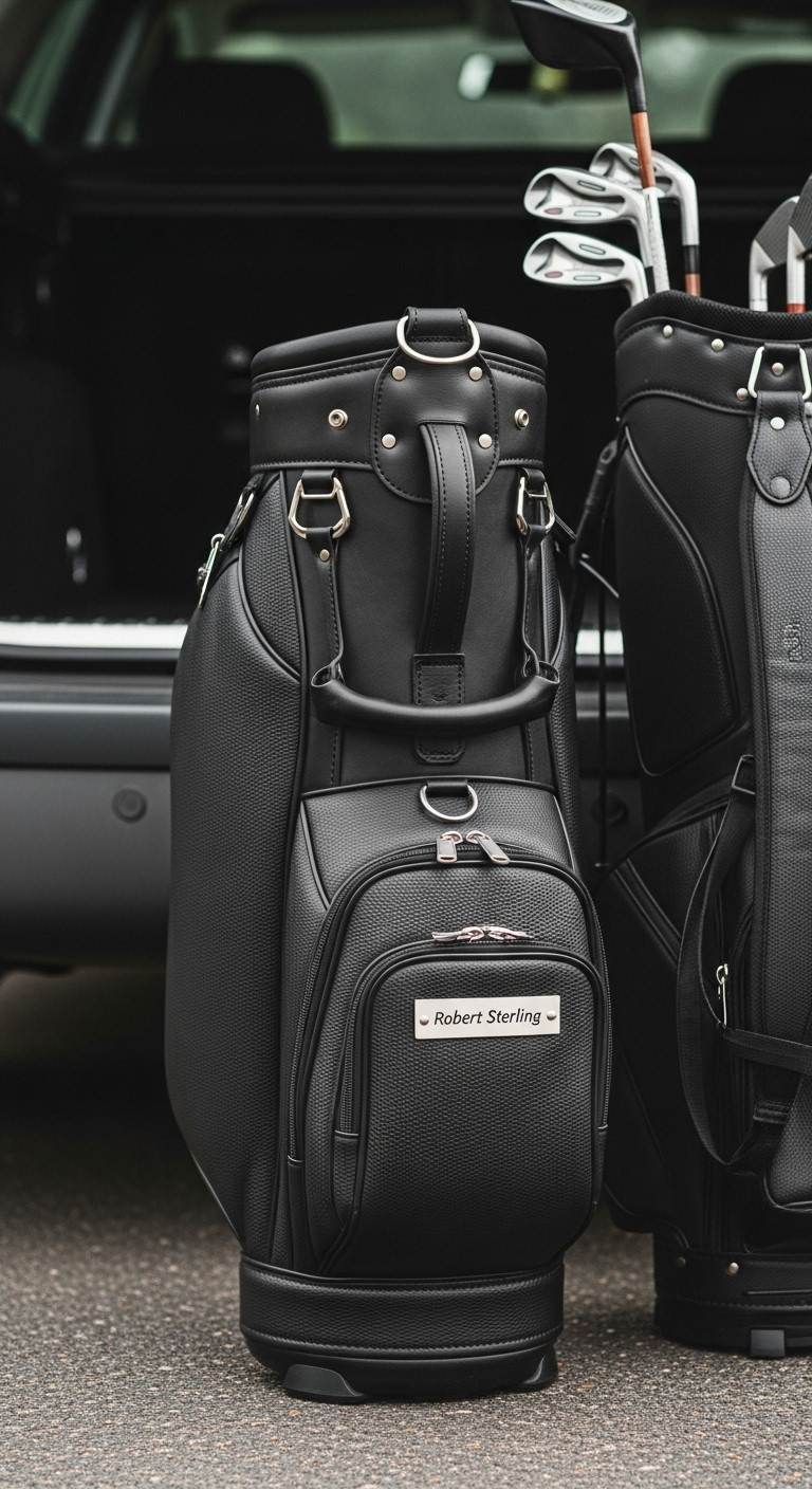 Engraved Leather Golf Shoe Bag With Name Plate Next To A Car Trunk For Christmas