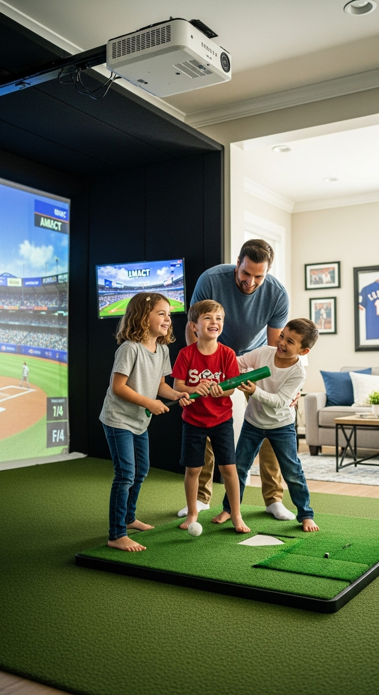 Family Laughing And Playing Simulated Baseball In Their Multi Sport Golf Simulator Bay