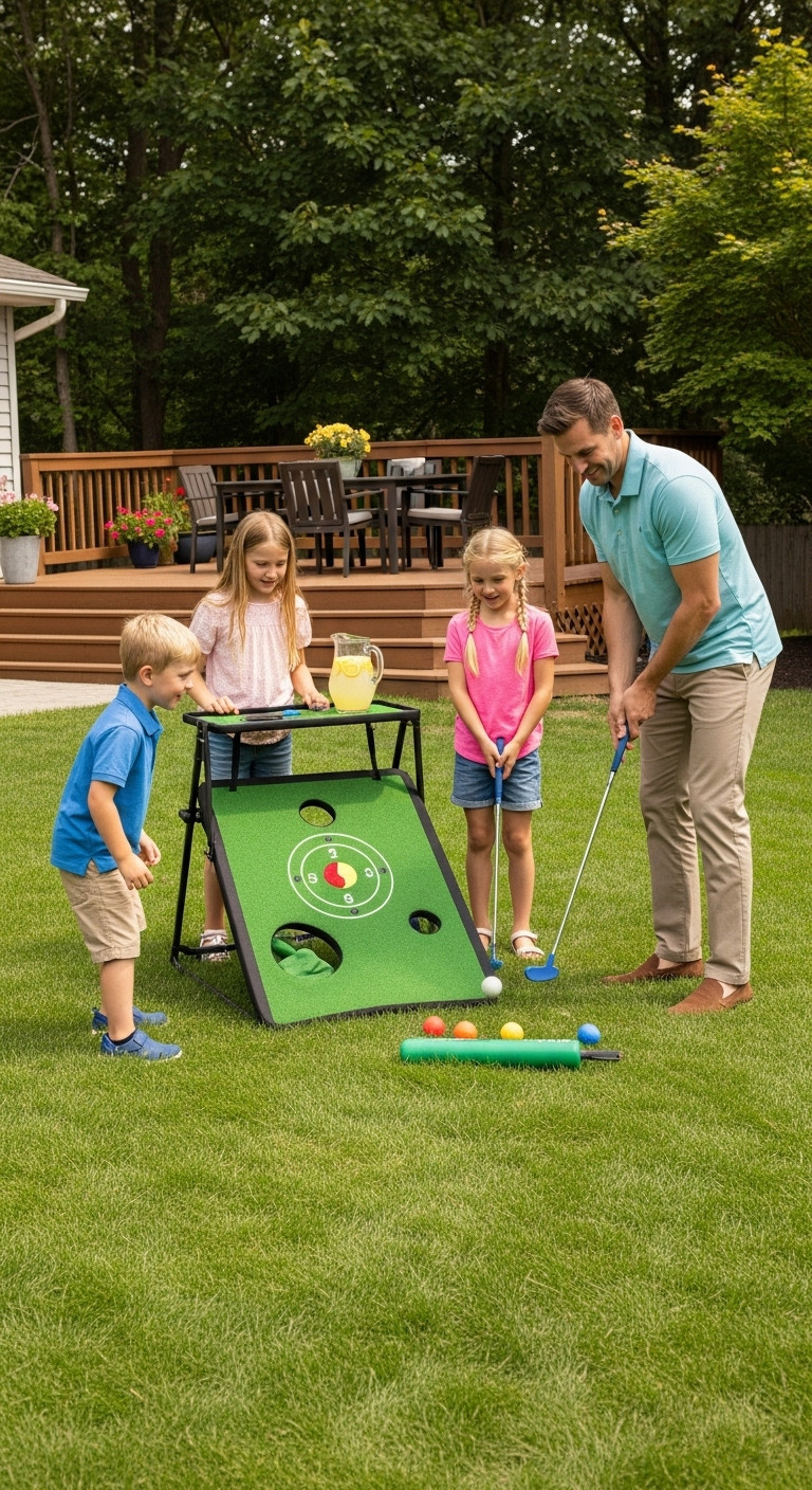 Family Playing A Backyard Golf Chipping Game On A Sunny Lawn With A Father Mid-Chip And Excited Kids Watching