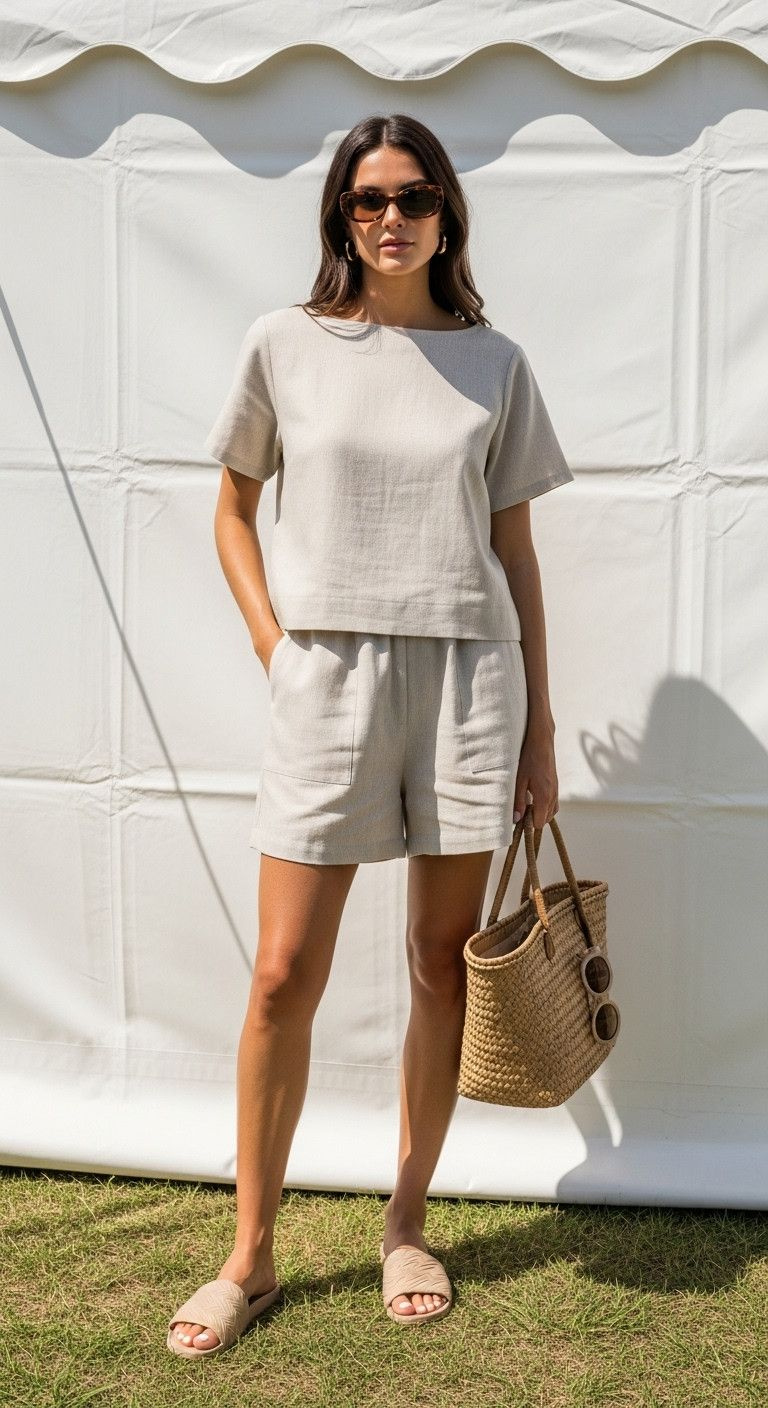 Fashionable Woman In Beige Linen Matching Set, Top And Wide-Leg Shorts, Slide Sandals, Sunglasses, In Golf Hospitality.