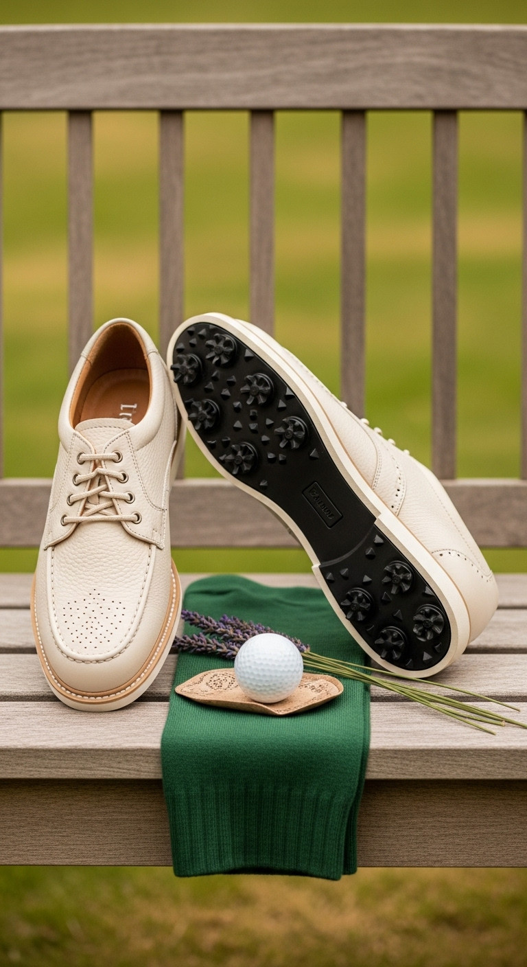 Fashionable Women'S Pebble Leather Kiltie Golf Shoes On A Rustic Wooden Table With Golf Ball And Sock